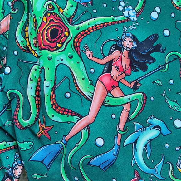 CULPRIT Get It Green Kraken Tattoo Style Print Mens Swim Trunks Board Shorts M - Picture 10 of 11